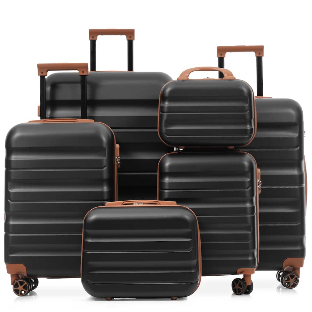 6-Piece Modern Hard-Shell Luggage, Lightweight Luggage with Spinner Wheels, for Boarding Travel, Black Brown