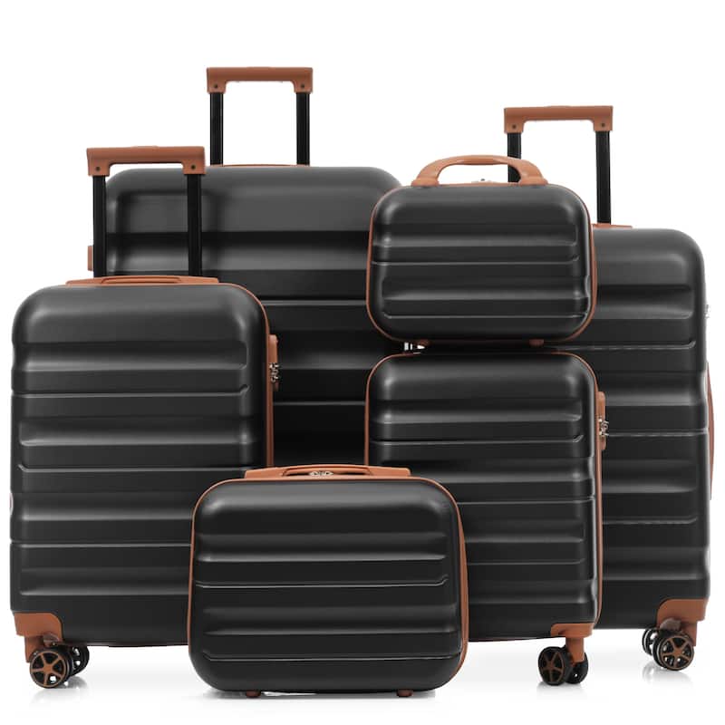 6-Piece Modern Hard-Shell Luggage, Lightweight Luggage with Spinner Wheels, for Boarding Travel, Black Brown - Black