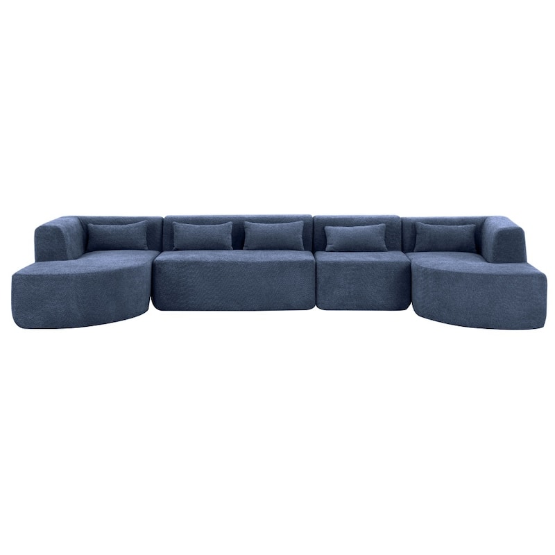 144" Upholstered Sofa Free-combined Sofa with Two Chaise Lounge and Five Back Pillows
