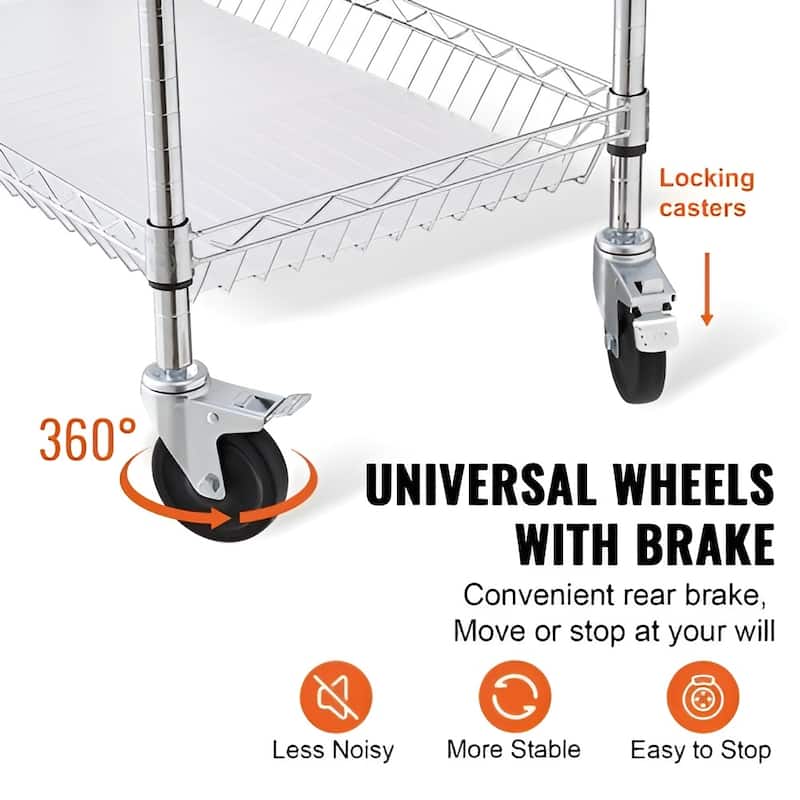 Silver Chrome 3-Tier Utility Cart Rolling Cart with Wheels and Adjustable Shelves - 35" L x 18" W x 40.9" H