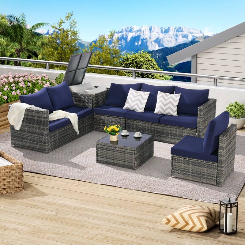 6-Piece Outdoor Wicker Sectional Patio Furniture Set with Storage Corner, and Tempered Glass Coffee Table