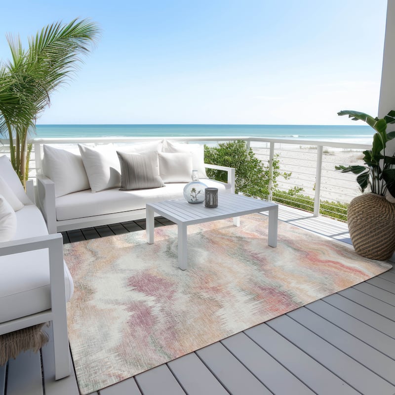 Machine Washable Indoor/ Outdoor Abstract Watercolor Chantille Rug
