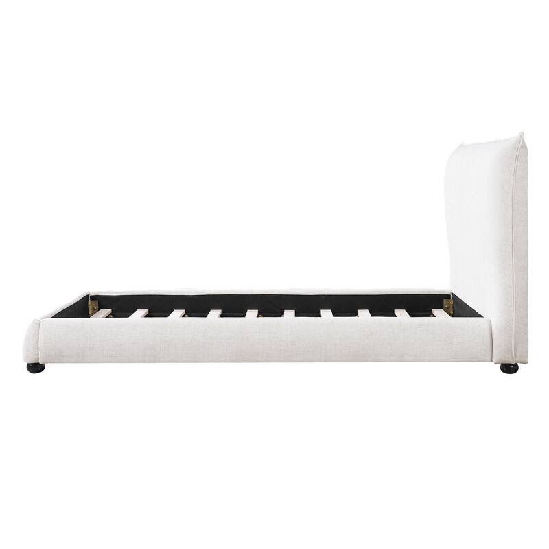 Upholstered Platform Bed Linen Fabric Pillow-back Headboard Wingback Bed Twin Size Beige Bed Frame