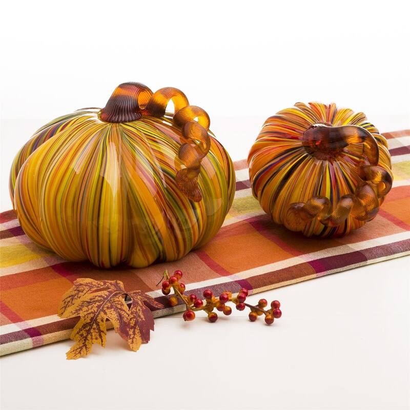 Glitzhome Fall Harvest Handblown Glass Pumpkins Set Thanksgiving Table Centerpieces - Set of 2-Multi Striped