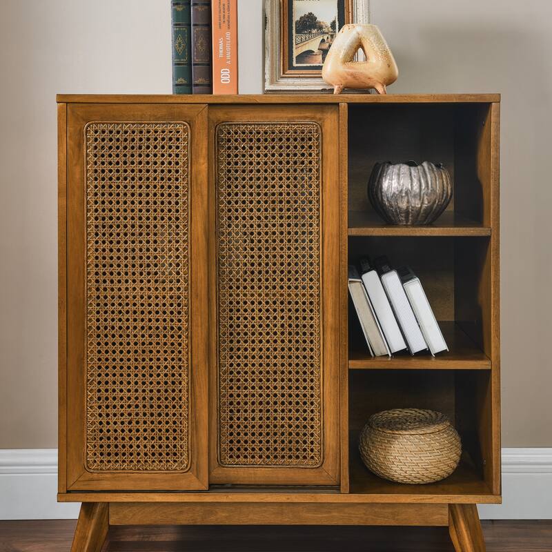 Mid Century Modern Rattan Sideboard Cabinet - Light Wood