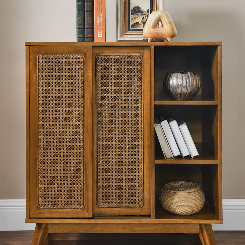 Mid-Century Rattan Sideboard with Adjustable Shelves & Solid Wood Legs (Light Wood)