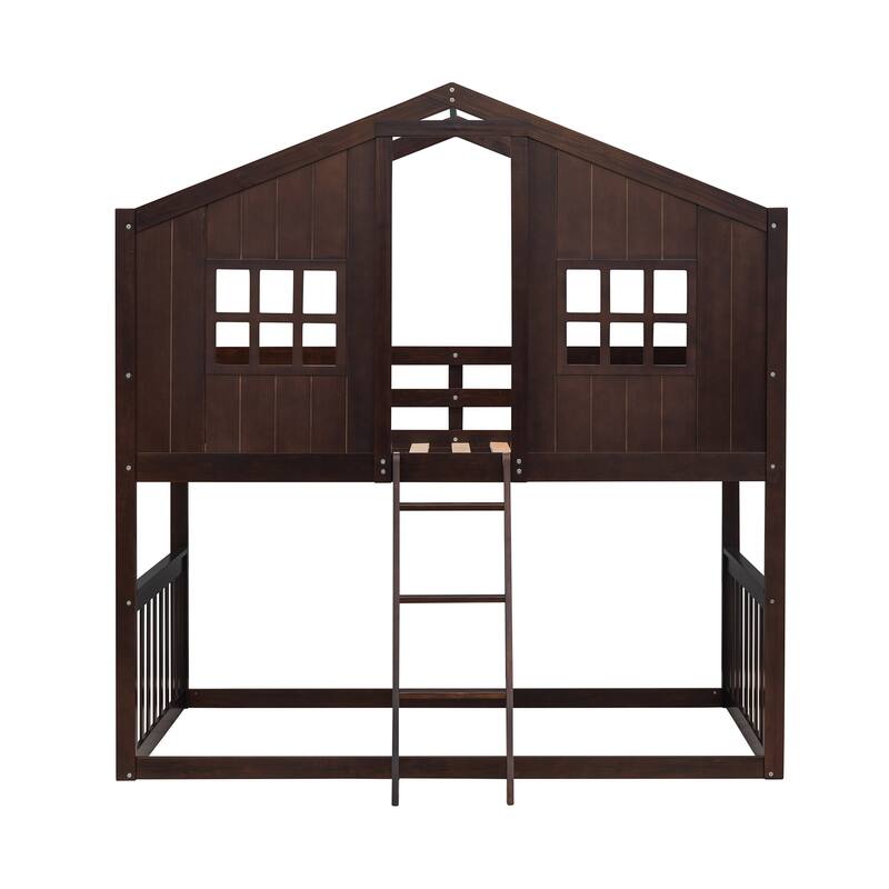 Full Size Loft Bed with Playhouse Design, Built-in Desk and Shelves