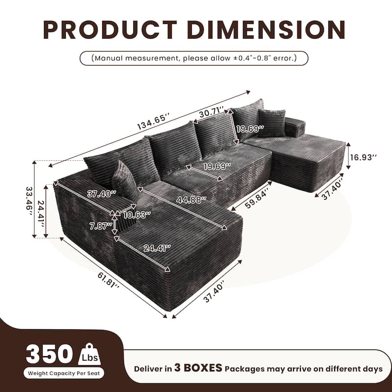 HOOOWOOO Modern Push Corduroy Fabric Sectional Sofa Couch with Pillows
