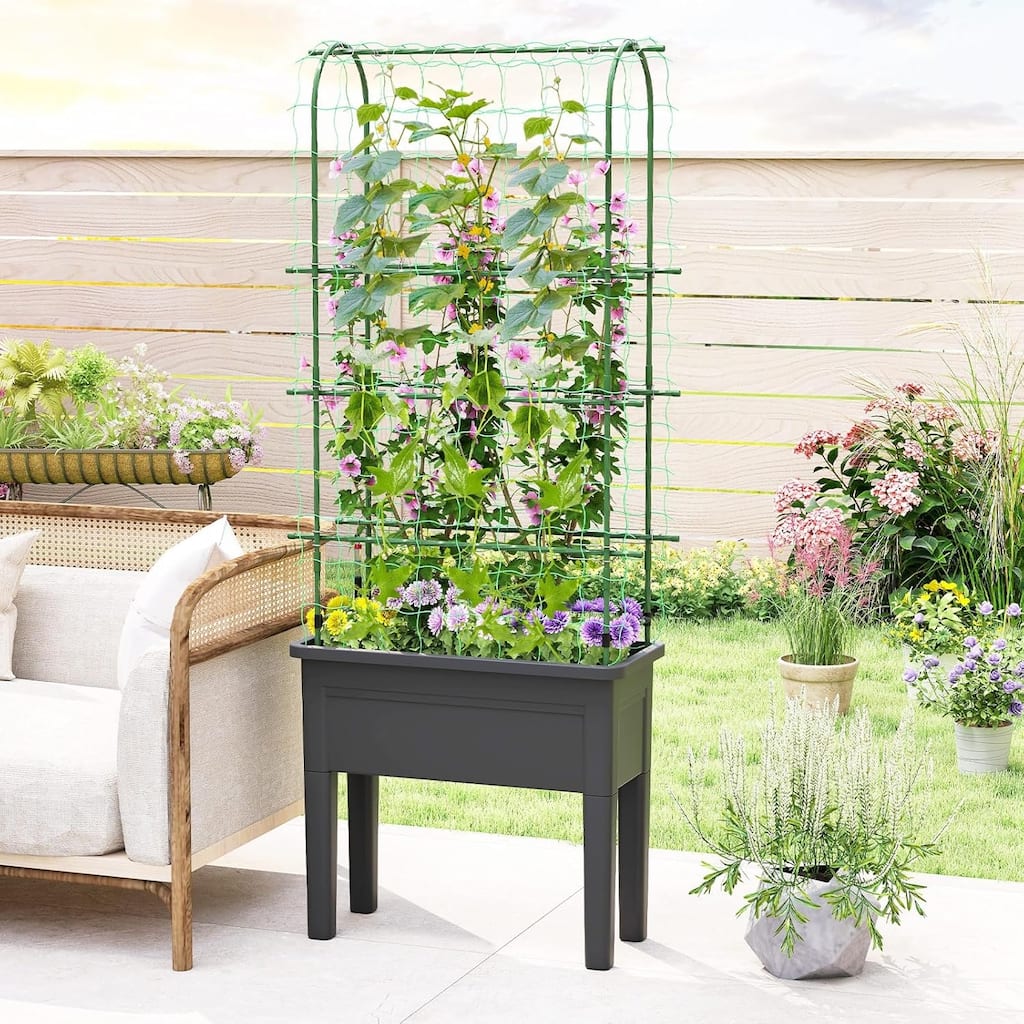 4-in-1 Raised Garden Bed Plastic Elevated Planter w/ Climbing Trellis