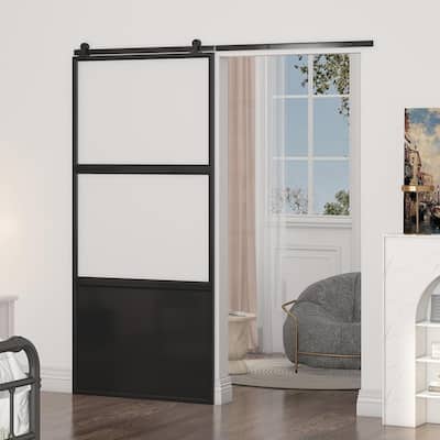 Mixoy Glass Sliding Barn Door and Hardware Included-Clear Tempered Glass with Bottom Aluminum Plate&Frame,Pre-Drilled,Soft Close