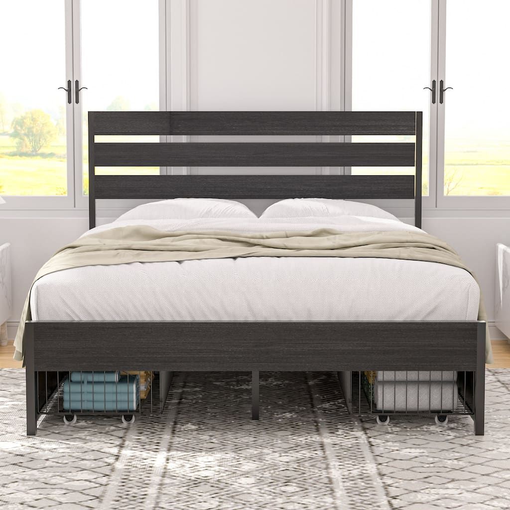 VECELO Upholstered Full/Queen Size Platform Bed Frame with 4 Storage Drawers
