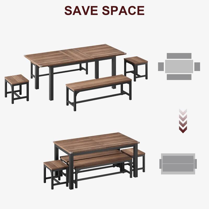 43.7in-63in Extendable Dining Table Set with 2 Benches and 2 Stools
