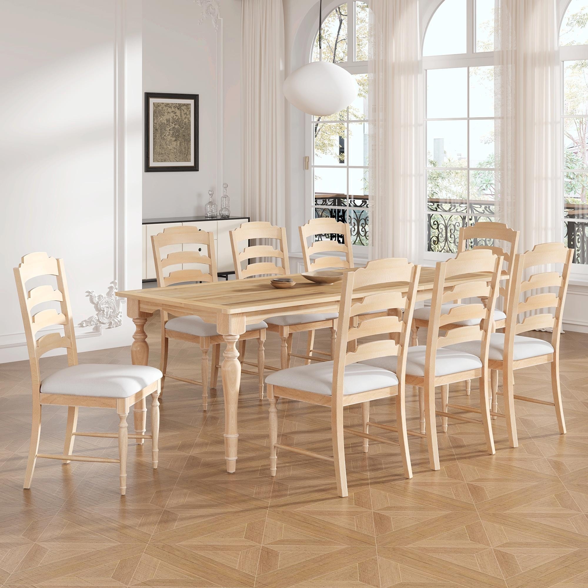 9-Piece Extendable Dining Table Set with Removable Leaf and 8 Upholstered Dining Chairs
