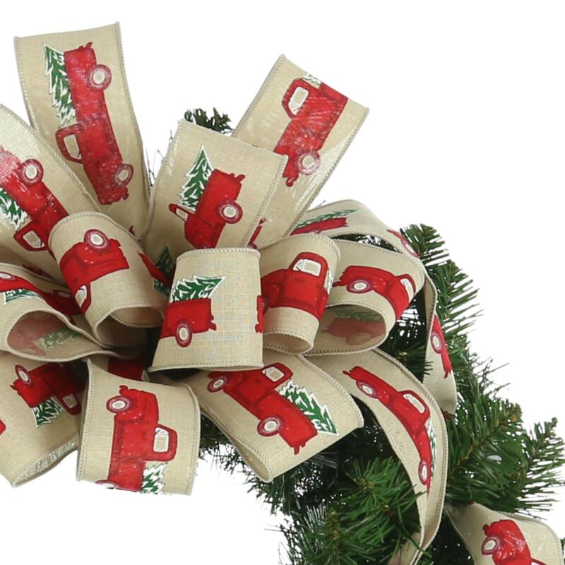26 in Wreath with truck printed bow - Red, Green - 26Hx26Wx9D