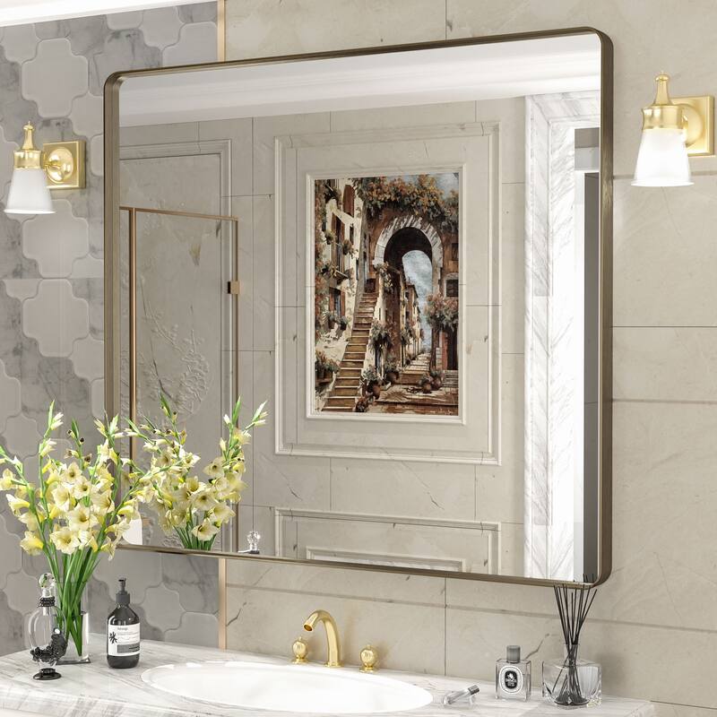 Modern Metal Frame Wall Mounted Bathroom Vanity Mirror - 40x36 - Bronze