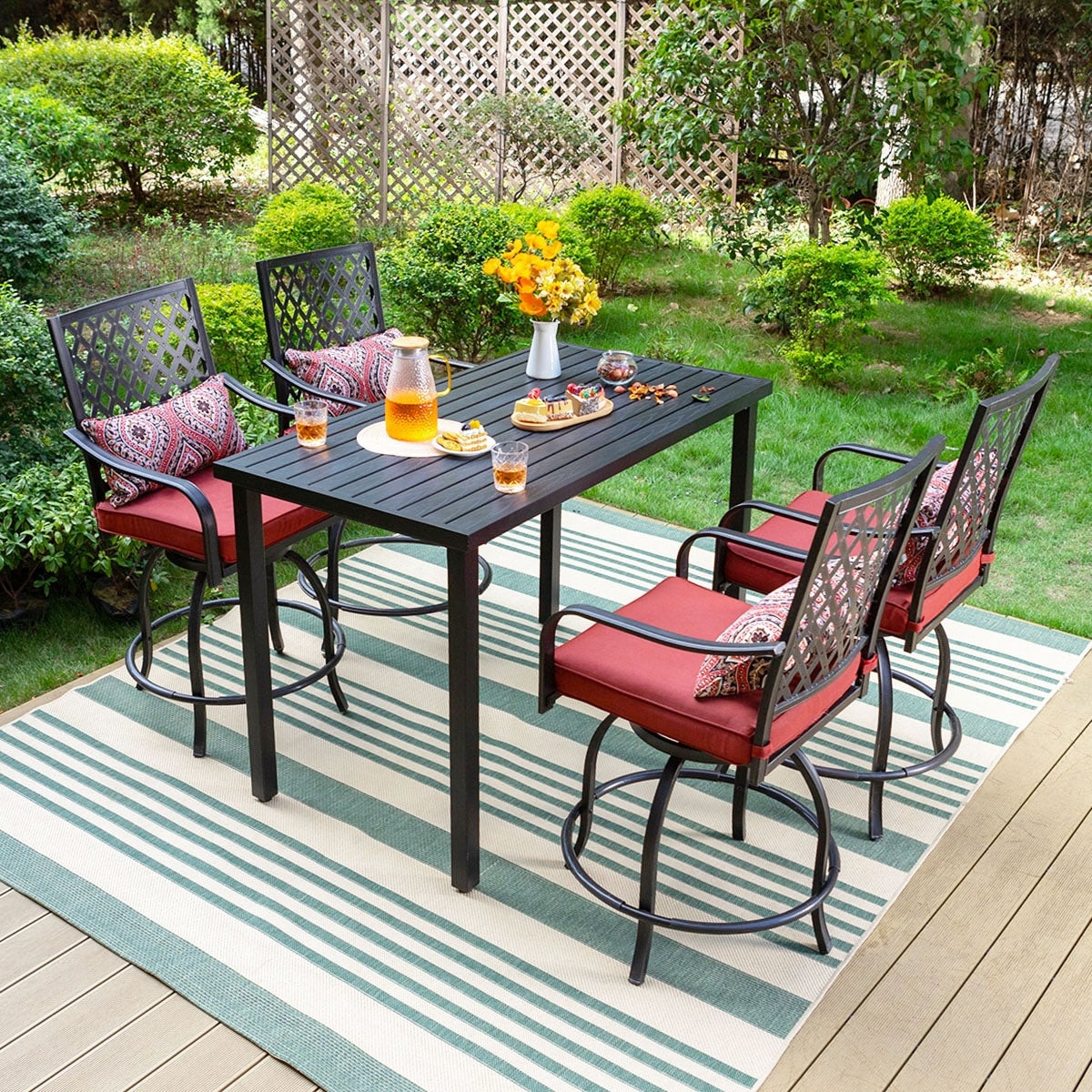MAISON ARTS 5 Pieces Bar Height Dining Set, 4 Rattan or 4 Metal Swivel Bar Chairs and 1 Rectangular Metal Bar Height Table