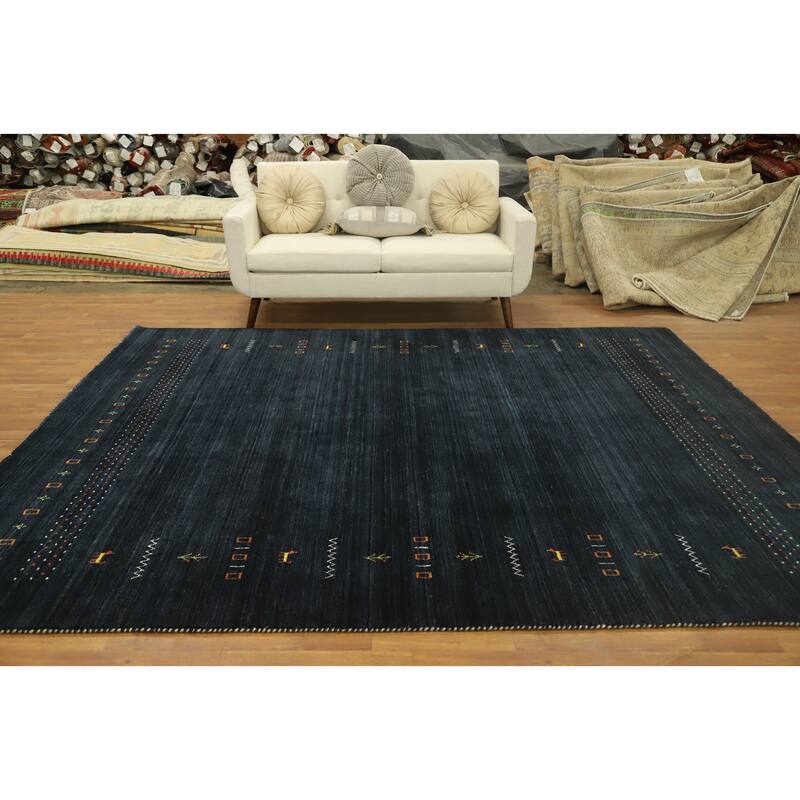 Hand Knotted Oriental 100% Wool Carpet Tribal Animal Pictorial Navy Blue & Blues Gabbeh Area Rug - 9' 8'' X 8' 3''