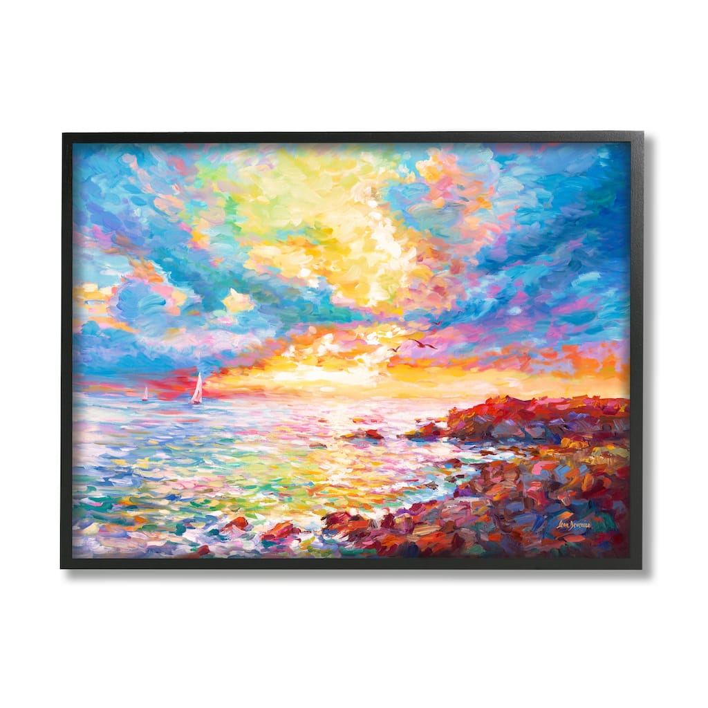 Stupell Mediterranean Sunset Ocean Coast Framed Giclee Art Design by Leon Devenice