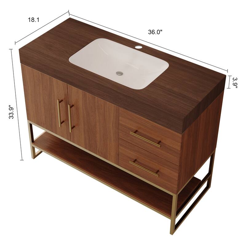 36" Modern Bathroom Vanity with Seamless Ceramic Sink & Gold Accent Free Standing Cabinet