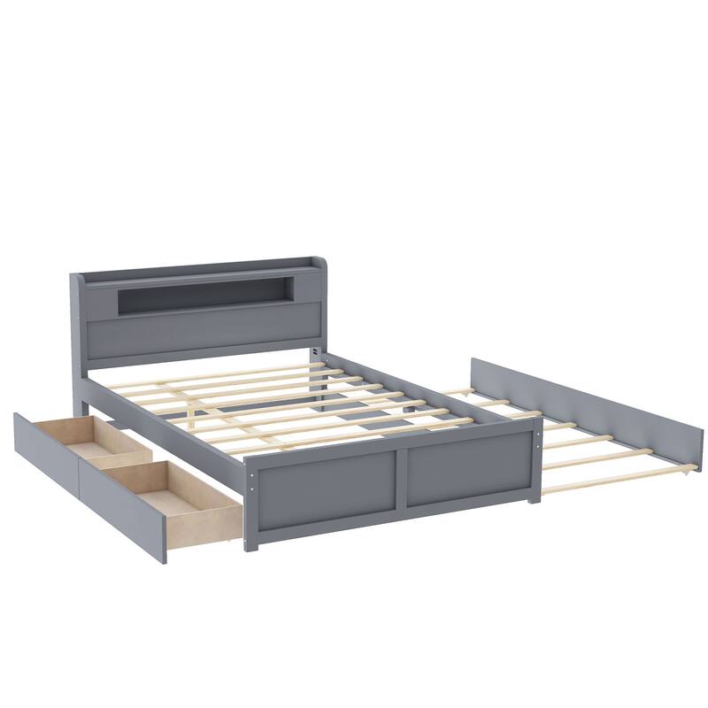 Queen Size Platform Bed with LED Headboard, Trundle & Drawers
