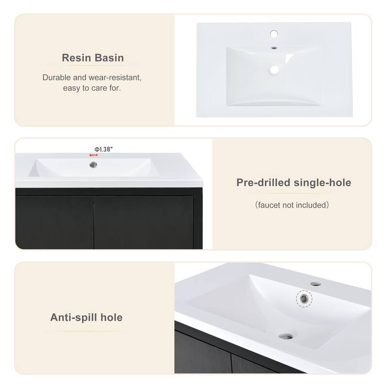 Elegant Bathroom Vanity Set Freestanding Black Cabinet with Resin Sink, Without Handles Soft-Close Doors and Solid Wood Frame