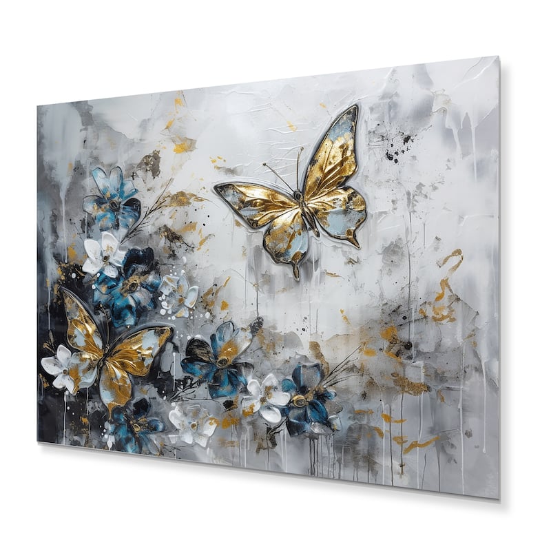 Designart "Golden Blue Butterfly Wings And Flowers III" Floral Metal Wall Art
