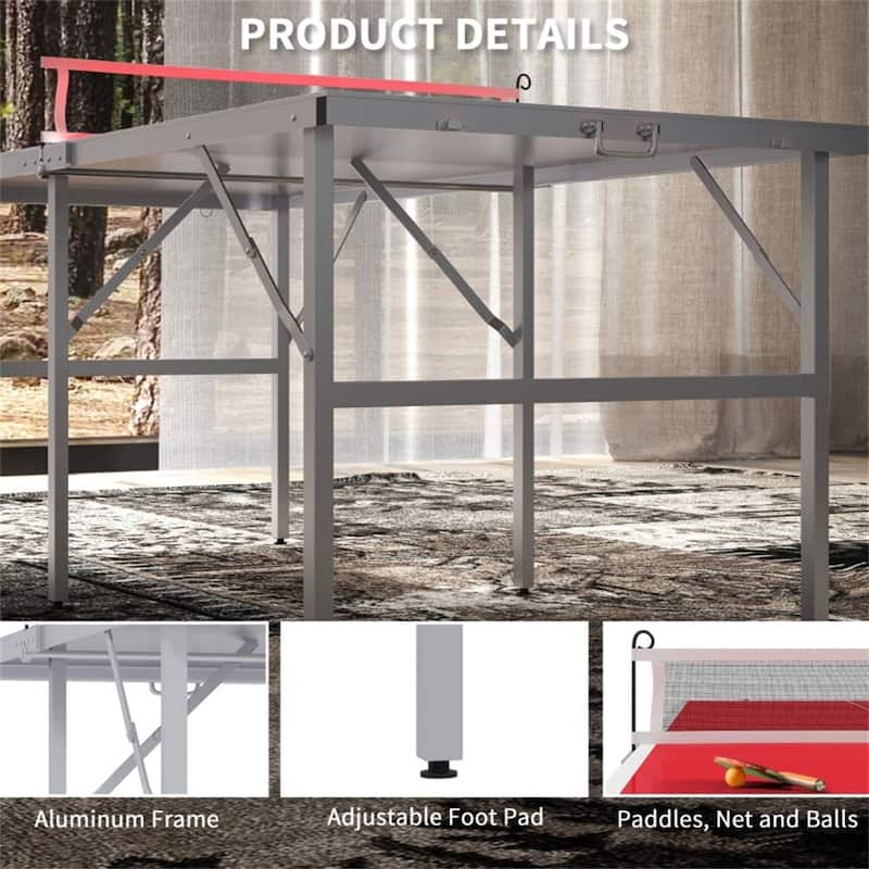 Red Foldable Ping Pong Table with Aluminum Frame and Paddles Balls Net for Indoor or Outdoor - 70.75" L x 35.5" W x 30" H