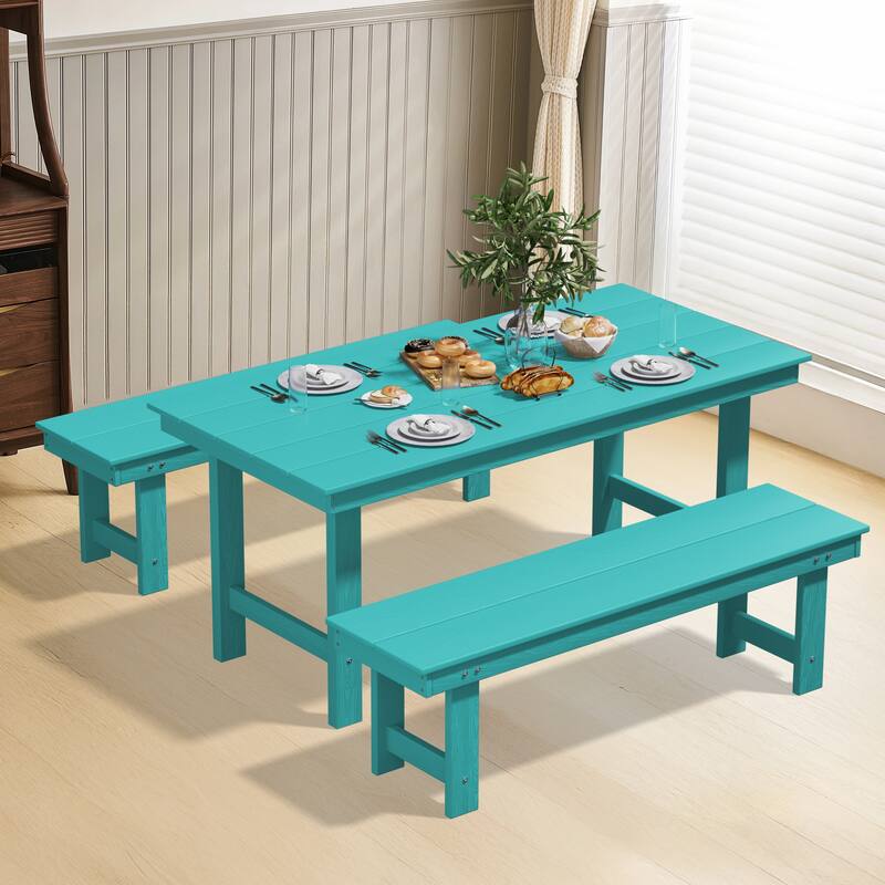 3-Piece HDPE Outdoor Dining Set with Umbrella Hole Table and Two 2-Person Benches