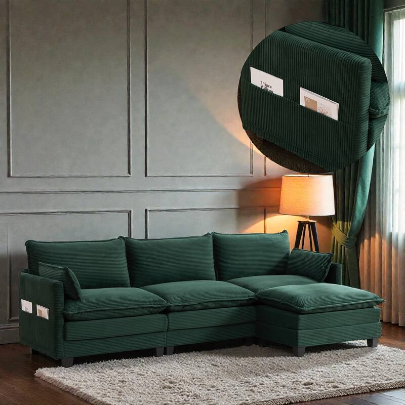 Oversized Modular Sectional Sofa with Ottoman, 102 Inch 4 Seat Corduroy L Shaped Couch for Living Room