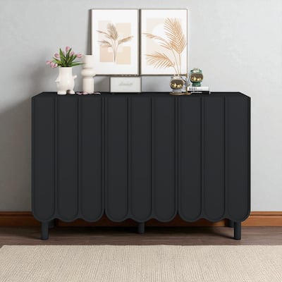 Cream Minimalist Shoe Cabinet with Wave Doors, Adjustable Shelves & Solid Wood Legs, Modern Sideboard Storage Organizer