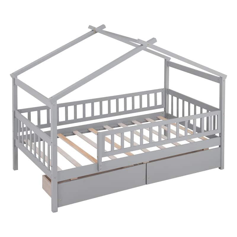 Twin Size Wooden House Bed with Drawers and Roof Design, Kids Bed Frame