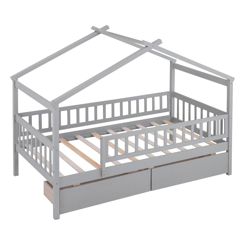 Wooden House Bed for Kids with Two Storage Drawers, Sturdy Twin Size Design