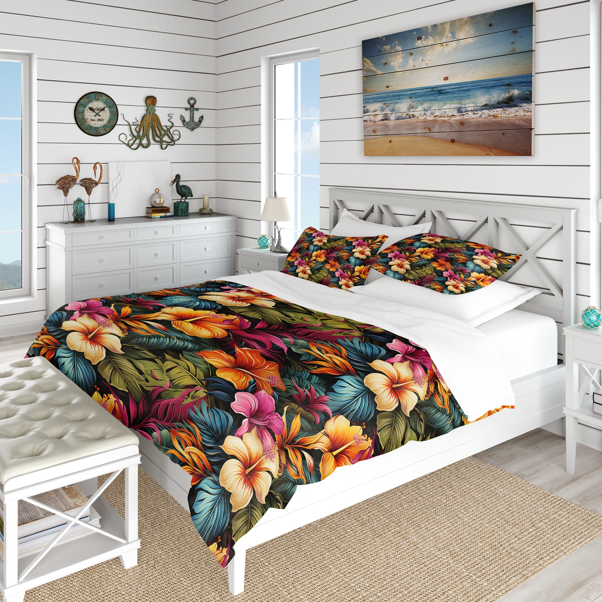 Designart Multicolor Hibiscus Tropical Flowers IV Teal Floral Bedding Set With Shams On Sale Bed Bath Beyond 39540111