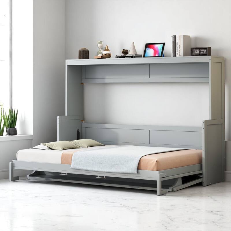 Full/Queen Size Murphy Bed with Hydraulic Lift, Fold-Down Desk & Storage, Space-Saving Wall Bed Design