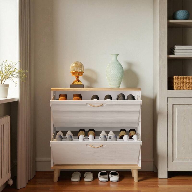 31.5" Narrow Shoe Storage Cabinet with 2 Flip Drawers, Slim Freestanding Entryway Shoe Organizer with Natural Wood Legs