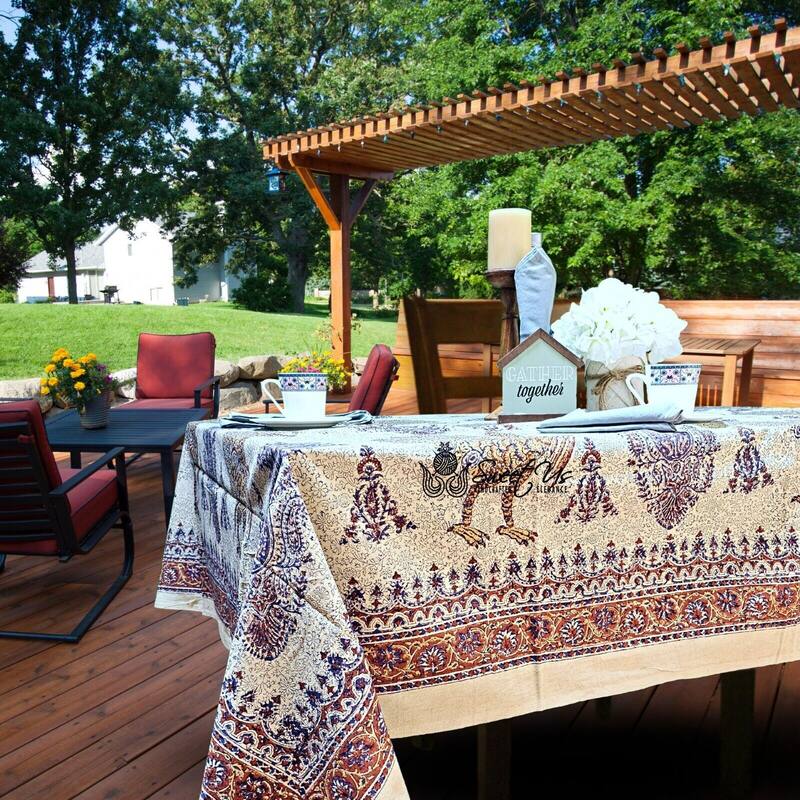 Peacock Paradise Paisley Floral Hand Block Print Cotton Tablecloth - 86 x 102 in.