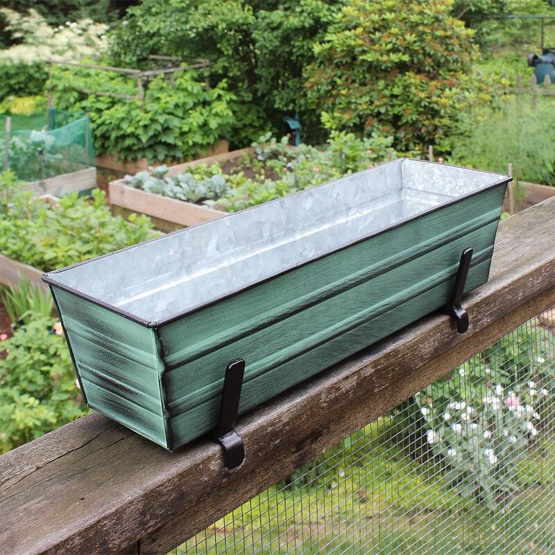 Achla Designs Small Galvanized Steel Flower Box Planter With Brackets for 2 x 6 Railings, 22 Inch Wide