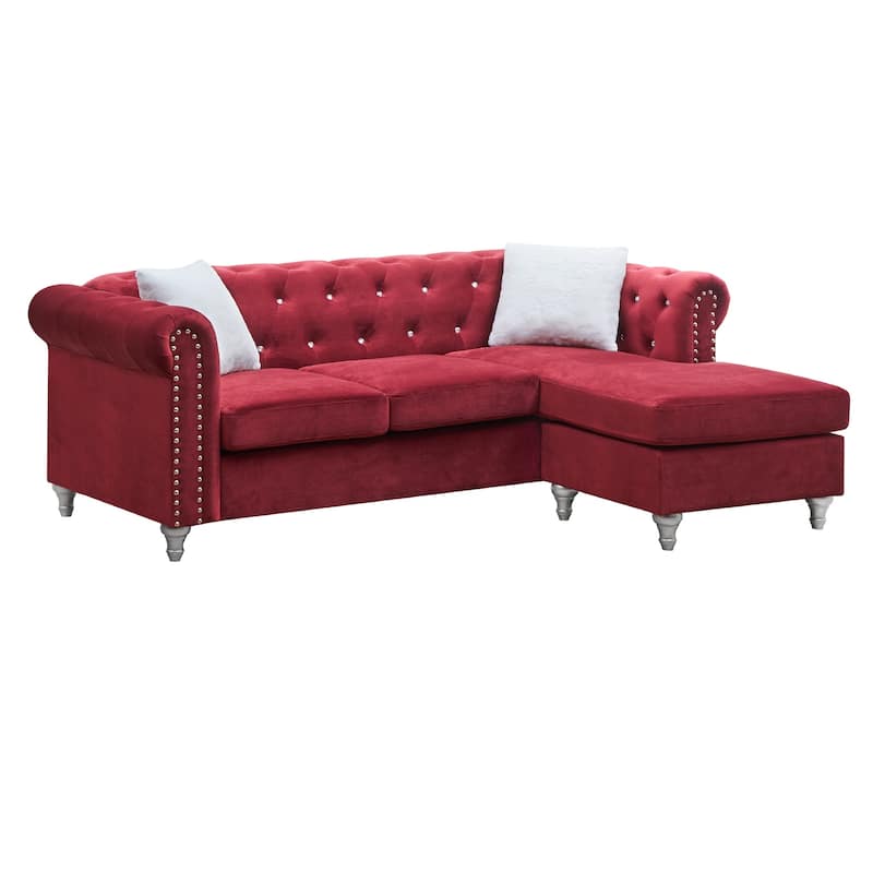 Tufted Faux Jewel Velvet 3-Seater Sofa with Throw Pillows - 82" - Burgundy