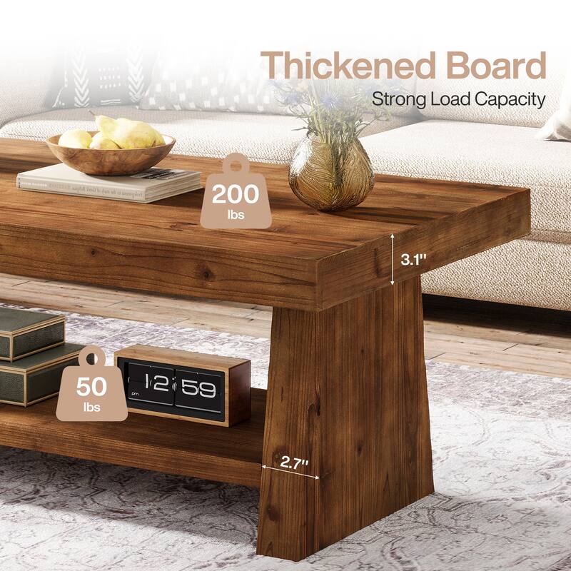 2-Tier Solid Wood Coffee Table for Living Room, Farmhouse Style