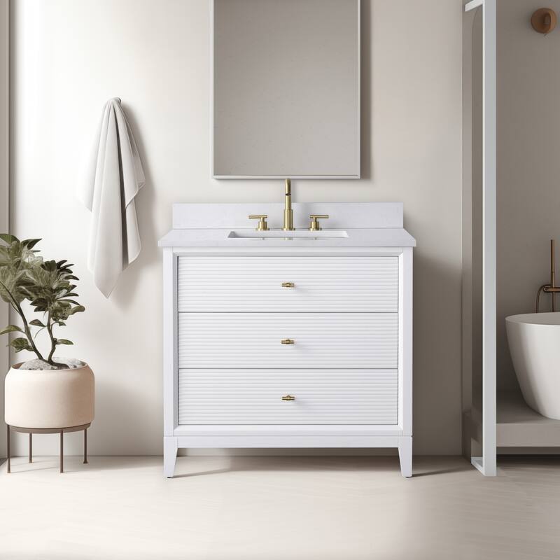 Vanity Art 36" Freestanding Bathroom Vanity with Engineered Marble Top and Sink - 36"/Golden Brushed - White