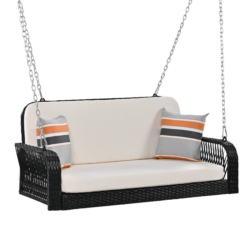 All-Weather PE Wicker Porch Swing with Cushions and Chains, 2-Person Hanging Bench for Backyard, Garden, Patio or Poolside Use