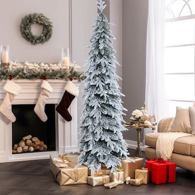 6.8Ft Pencil Slim Artificial Snow-Flocked Christmas Tree - 82.8" H x 33.5" W x 33.5" D