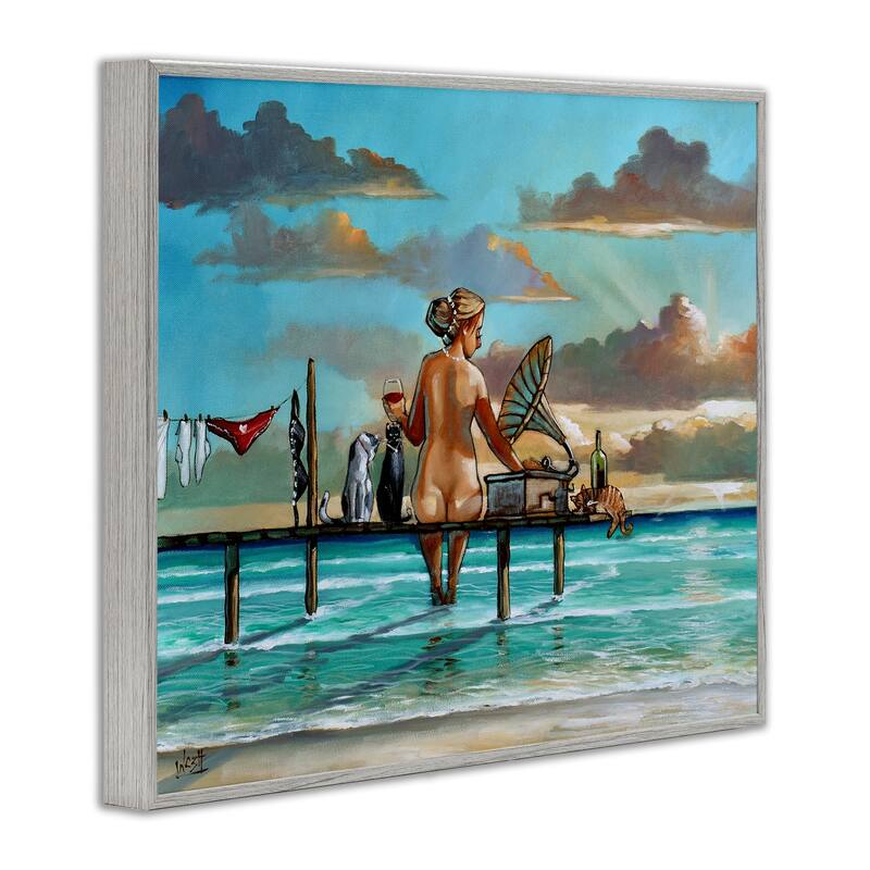 Stupell Woman & Cats Beach Sunset Framed Giclee Art Design By Ronald West