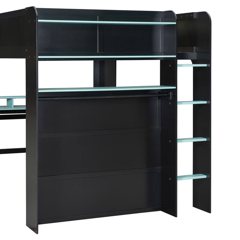Full Size High Loft Bed, LED Loftbed Frame with Height Adjustable Desk, Wooden Storage Loft Bed with Wardrobe and Shelves