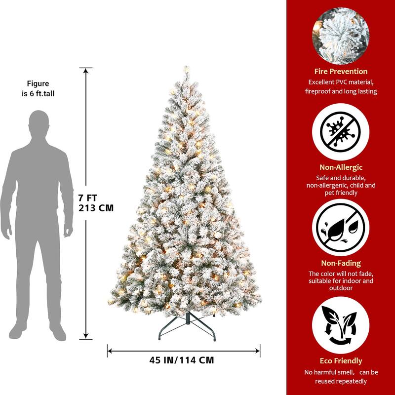7FT Flocked Christmas Tree with 350 Warm White Incandescent Lights-Snowy Artificial Tree with 1022 Tips and Sturdy Metal Stand