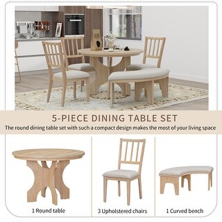 5-Piece Wooden Round Dining Table Set w/ Curved Bench & Side Chairs ...