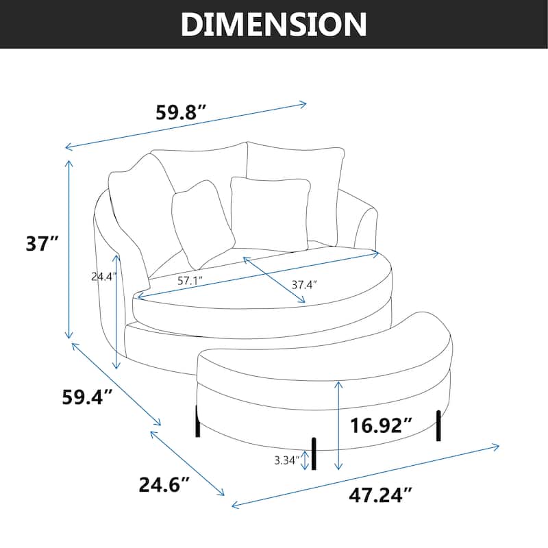 59.8''W Modern Oversized Sofa Chair, Round Accent Barrel Chair With 5 Pillows