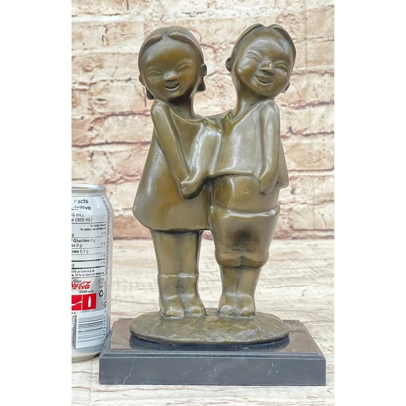 Chinese Children Brother And Sister Posing For Picture Collectible Bronze Sculpture By Zhang
