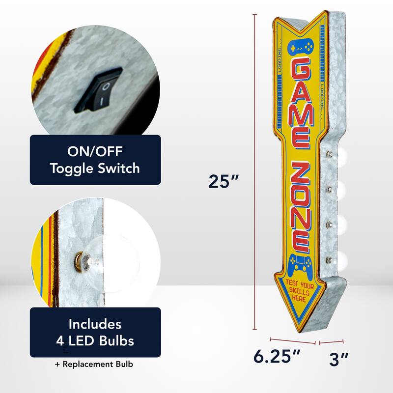 Retro Game Zone Off the Wall LED Marquee Sign - 25" H x 6.25" L x 3" D - Yellow - 25" H x 6.25" L x 3" D