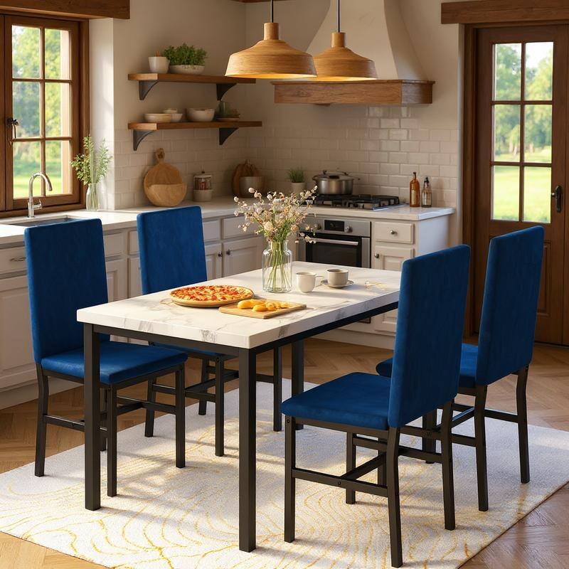 Grondin Modern Style Faux Marble Top 5-Piece Casual Dining Room Table Set with 4 Velvet Upholstered Dining Chairs